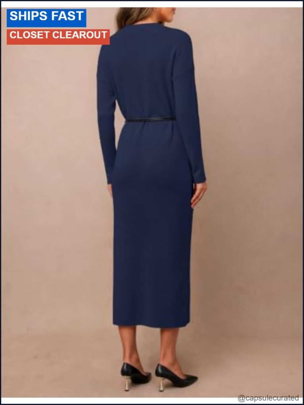 Women's Fall Sweater Dress Long Sleeve Midi Knit Belted - Picture 3 of 6